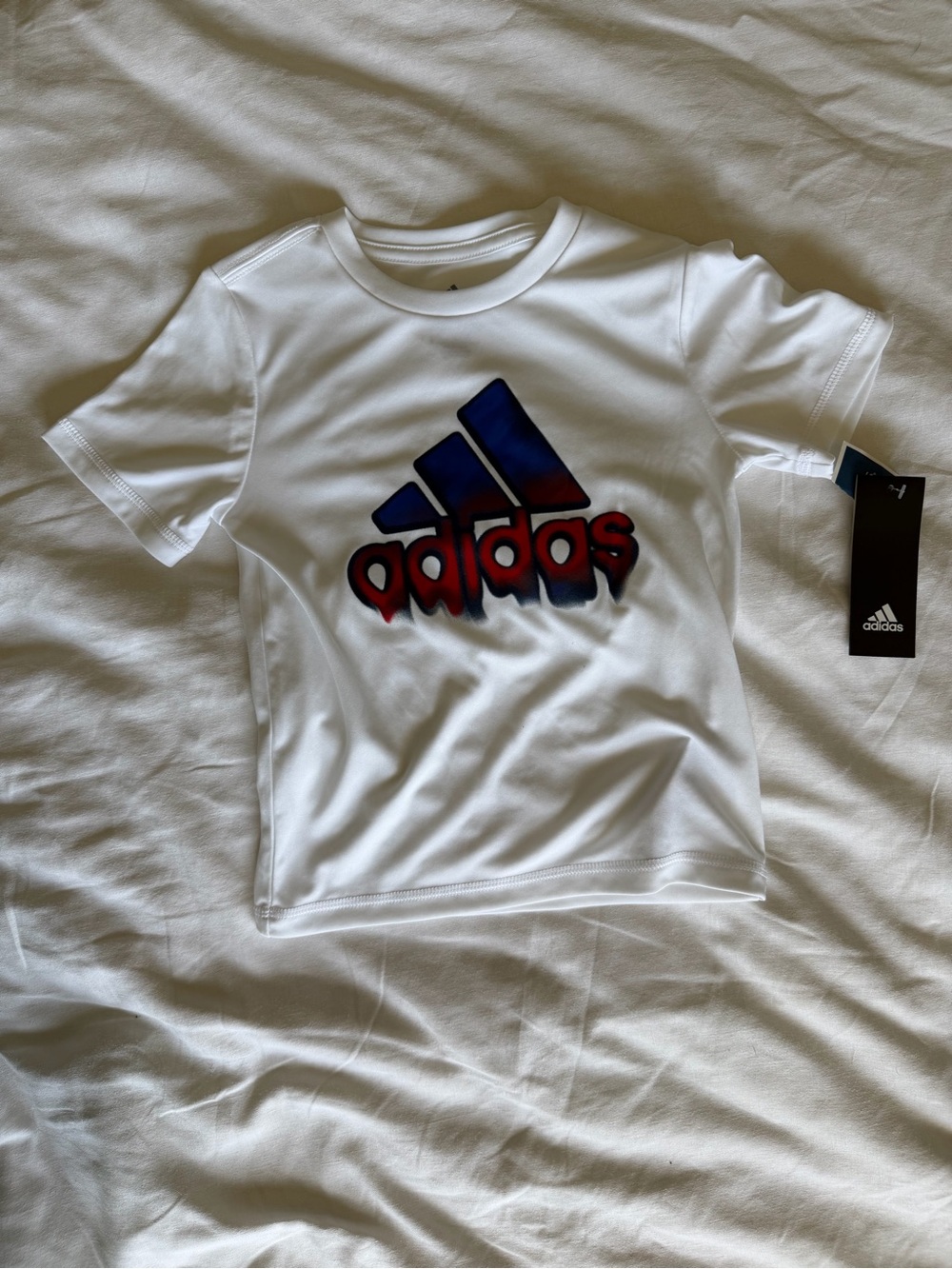 adidas White Tee with Blue and Red Logo